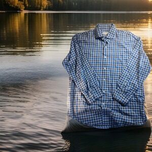 Peter Millar Mens Large Plaid Blue Brown Tone on‎ Tone Shirt 1597